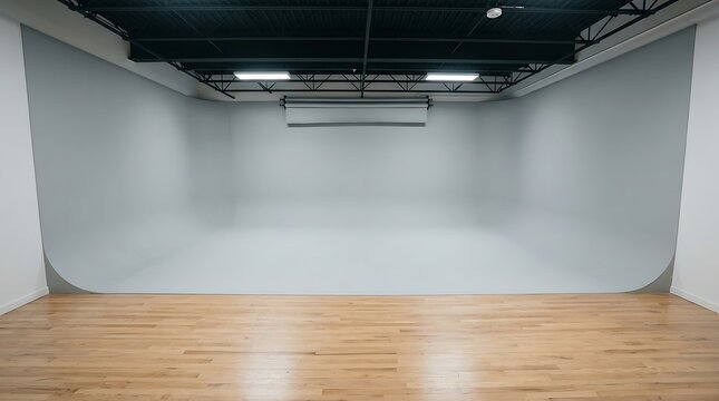 Professional photography studio with white cyclorama wall and wooden floor. Empty infinity cove background for video production. Large white cyc wall stage in a modern creative space.