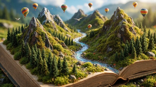Miniature mountain valley landscape unfolds from open book pages. Hot air balloons float over pine trees and a winding river. A magical world brought to life.