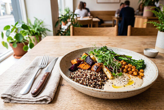 Healthy vegan quinoa bowl with roasted vegetables chickpeas hummus and broccolini on wooden cafe table