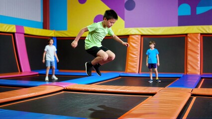 Fototapeta premium Kids jump joyfully on colorful trampolines in vibrant indoor play area.