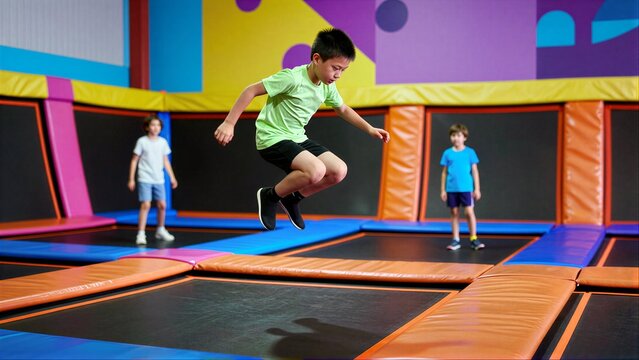 Kids jump joyfully on colorful trampolines in vibrant indoor play area.