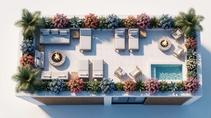 Obraz premium Aerial view of modern rooftop terrace with luxury lounge furniture. Stylish patio features outdoor sofas, sun loungers, fire pit, small pool. Green plants, colorful flowers, palm trees decorate urban