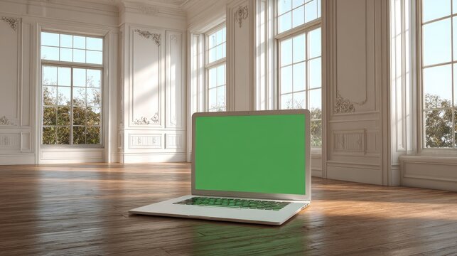 Laptop with green screen in grand room