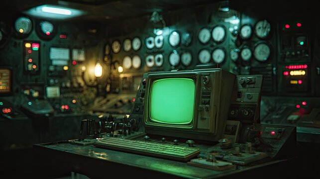 Dark control room with old TV