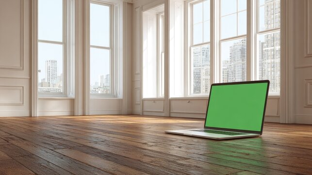 Laptop on hardwood floor, large windows
