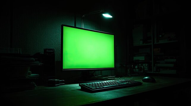 Dark room, computer with green screen