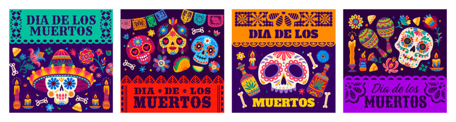 Fototapeta na wymiar Mexican Day of the Dead or Dia de los Muertos holiday party banners with sugar skulls. Catrina calavera in sombrero with papel picado banners with flowers, tequila with candles for Day of the Dead