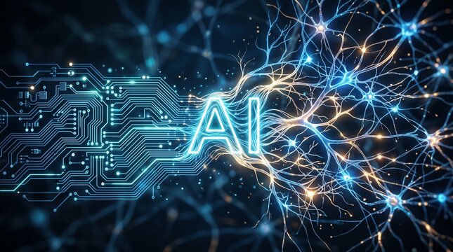 Artificial Intelligence concept with glowing AI text connecting circuit board to neural network