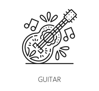 Mexican guitar icon for Mexican Day of the Dead and holiday music instrument symbol. Dia de los Muertos fiesta celebration icon of guitar with flowers ornament for Mexican festival culture tradition