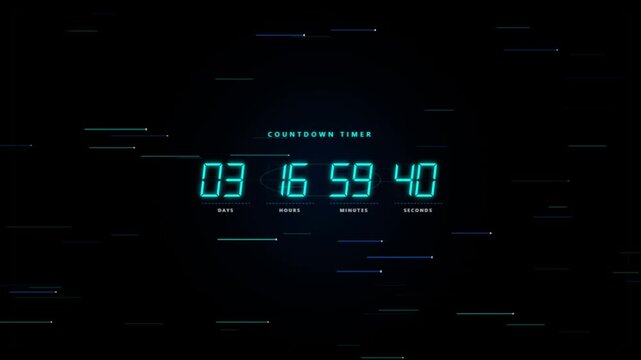 Digital countdown timer decreases from 03 16 59 45 across a black backdrop on transparent background clock