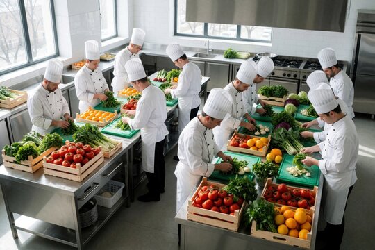 Professional chefs in white uniforms sort fresh organic vegetables and fruits in a commercial kitchen workspace. A diverse team prepares ingredients for healthy meals, showing cooperation and skill.