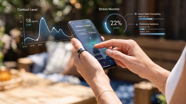 Person using smartphone with biometric overlay wearing smart ring. Digital health interface displays cortisol levels and stress metrics.