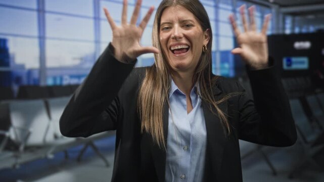 Young woman in business attire smiling and waving animated hands at camera in airy airport departure lounge with rows of seats and glass windows; playful confidence.
