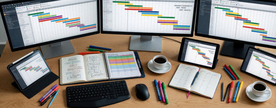 Modern workspace shows project management tools on triple monitors, tablets. Digital Gantt charts display timelines, schedules. Open notebooks with handwritten tasks sit near coffee cups on wooden