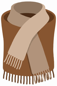 Warm brown knit winter wrap blanket draped with a beige tasseled woolen scarf folded neatly in a stylish cross over knot in this cosy cold weather apparel vector illustration on white