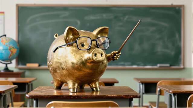 Golden piggy bank with glasses and stick, teaching money in a classroom.