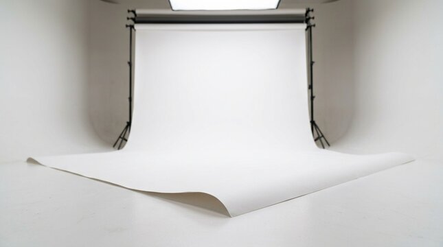Pure white seamless paper photography backdrop curving gently onto floor, studio product display setup with metal support stands and softbox lighting for clean commercial shoots