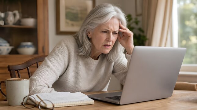 Mature silver-haired woman looks concerned while using a laptop at a wooden dining table, with notebook, glasses, and coffee nearby