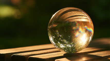 Obraz premium Glass crystal ball with rainbow light reflections on wooden table. Transparent sphere showing inverted reflection of trees and golden sunset.