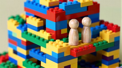 Fototapeta premium Colorful LEGO tower with wooden figures standing on top, playful and creative.
