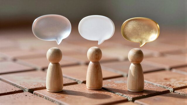 Three wooden figures with speech bubbles, symbolizing communication or ideas.