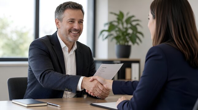 Cheerful middle-aged businessman in charcoal blazer shaking hands with woman in navy interview suit across office desk, partnership, agreement, greeting, successful deal