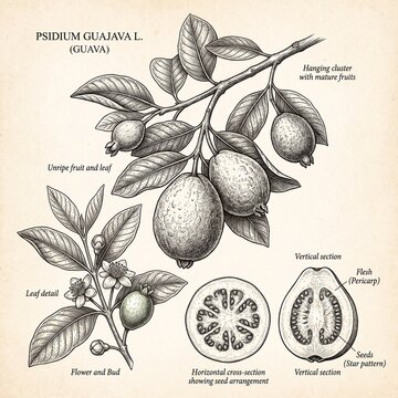 Vintage botanical illustration of Psidium guajava leaves, fruit, and medicinal uses