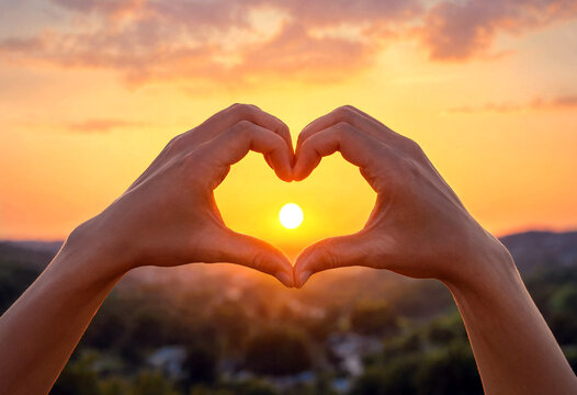 Hands forming a heart shape around a beautiful sunset over landscape and sky perfect for love inspiration