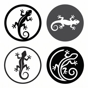 Minimalist geometric gecko lizard icons in circular black and white vector designs
