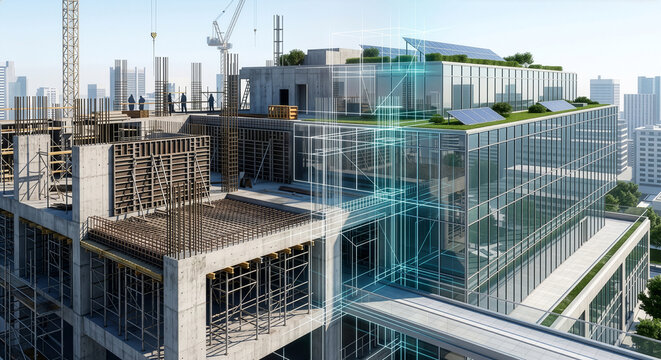 建設中のビル骨組みから完成予想図へと変化する3DデジタルツインとBIMモデリング。建築DXや環境配慮型スマートビルの設計施工イメージ