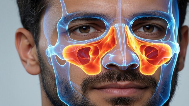 Medical 3D illustration of male face showing inflamed paranasal sinuses in red. Anatomical view of human skull, sinus cavities highlight infection, sinus headache. Concept of sinusitis diagnosis, ENT