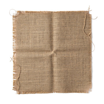 Natural burlap fabric rectangle with raw frayed edges texture piece isolated on transparent background png