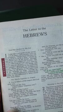 Opening to the book of Hebrews, of the New Testament in the Holy Bible. New Revised Standard Version. Vertical video.

