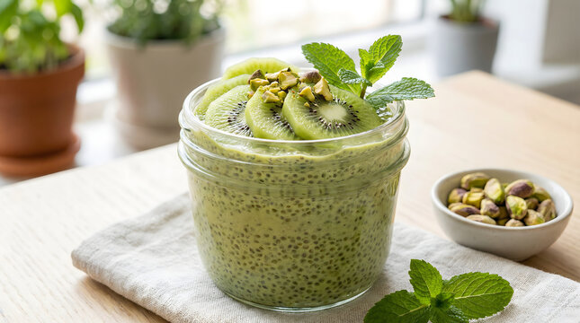 Vibrant green chia seed pudding, a healthy and refreshing breakfast or snack, topped with fresh kiwi slices, crushed pistachios, and a sprig of mint; a nutritious vegan dessert or light meal for