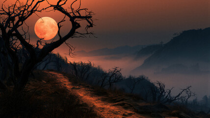 Obraz premium Blood moon rising over dark misty mountain landscape with dead bare trees. Spooky forest path glowing in eerie orange light at night.