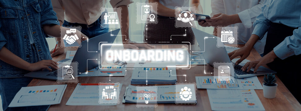 Collaborative Workplace Environment Illustrated with Digital Elements for Employee Onboarding Process and Team Integration Sigmoid