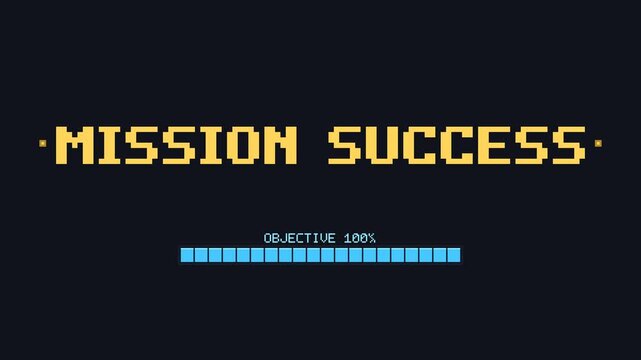 Pixel art game mission success screen with loading progress bars