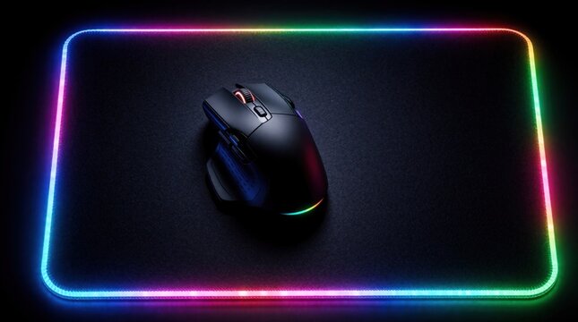 Modern gaming mouse sits on illuminated RGB mouse pad. Colorful LED edge lighting glows in dark room. High tech peripheral accessory for computer gamer setup. Vibrant neon light border creates cool