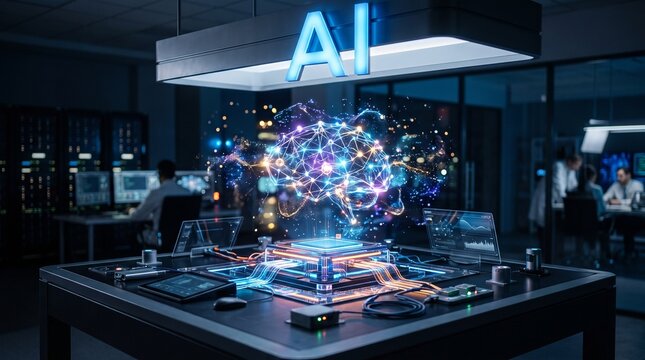 Advanced AI technology concept with glowing brain hologram over futuristic computer chip and data screens in a modern lab