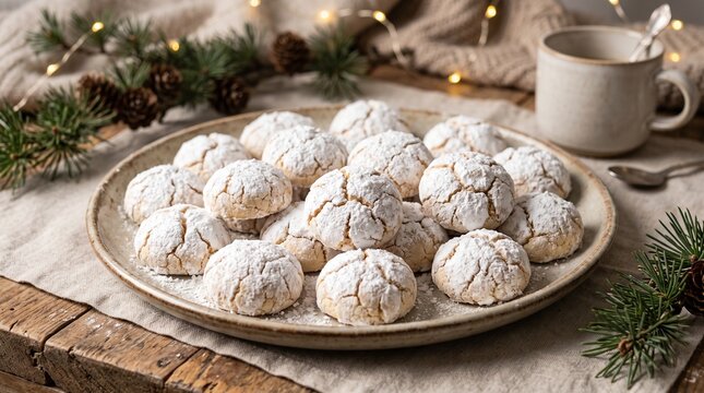 Festive holiday cookies dusted with powdered sugar on a rustic plate with pine branches and fairy lights