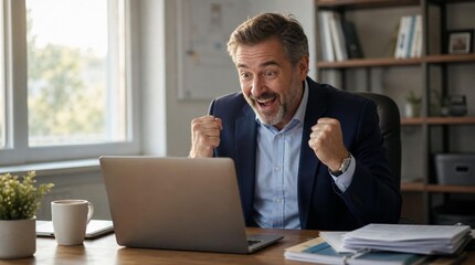 Obraz premium Excited Middle-Aged Businessman Celebrating Success at Desk with Laptop, Fists Clenched in Joy, Cheering for Good News or Winning Deal in a Modern Office Setting with Natural Light and Bookshelf.