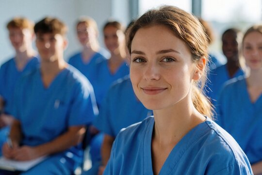 Young woman smiles in blue scrubs, part of diverse medical class learning together. Future nurses or doctors focus on training, attending a seminar for healthcare education.