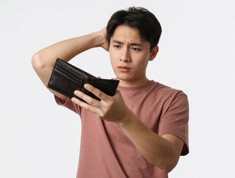 Young Asian man looks at empty wallet with worried facial expression. He scratches his head, showing financial struggle and debt. Concept of economic problem and lack of money.