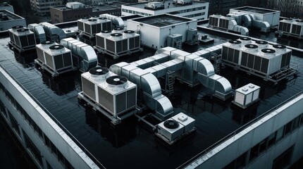 Naklejka na ściany i meble Industrial rooftop HVAC systems and ventilation units on a wet commercial building roof. Complex metal ductwork connects machinery for air conditioning and heating, requiring maintenance.