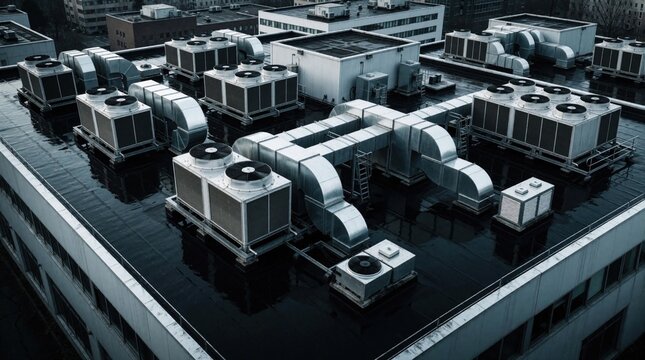 Industrial rooftop HVAC systems and ventilation units on a wet commercial building roof. Complex metal ductwork connects machinery for air conditioning and heating, requiring maintenance.