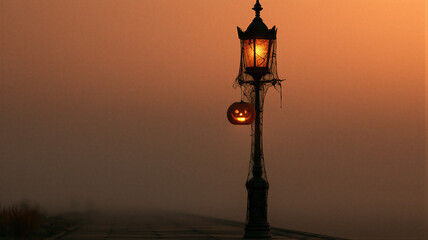 Obraz premium Jack-o-lantern hangs on a spooky street lamp covered in cobwebs. The glowing pumpkin casts an eerie light in the fading twilight.
