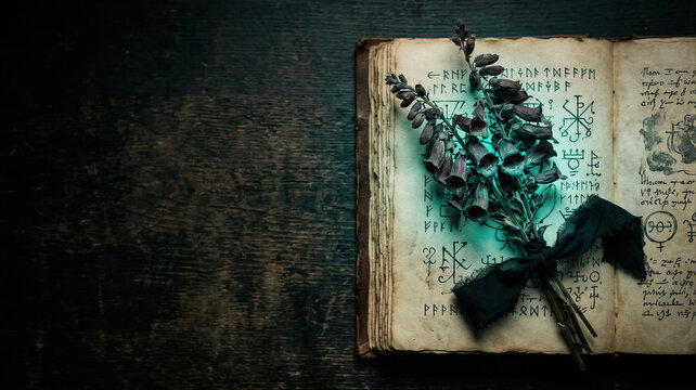 Dried foxglove flowers tied with black ribbon on ancient spell book with magic runes. Dark mystical still life on wooden table.