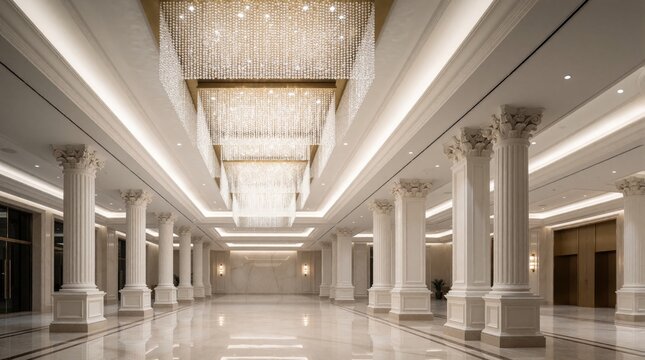 Grand hotel lobby with massive crystal chandeliers hanging from ceiling. Elegant hall features white marble columns, polished floor. Luxury interior design with bright warm light creates upscale