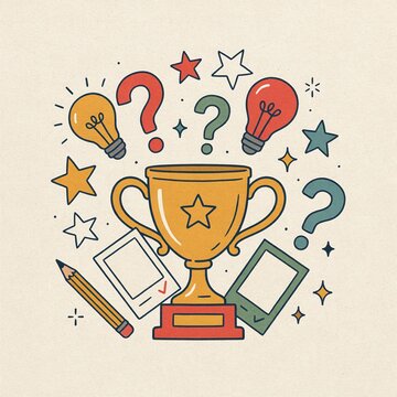 Golden trophy cup surrounded by light bulbs, question marks, and stars