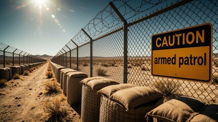 Obraz premium Metal fence with barbed wire runs through dry desert landscape. Yellow caution sign warns about armed patrol near sandbag barrier. Security perimeter, military border fortification protect restricted